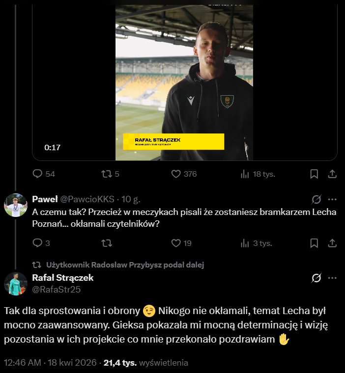 Rafał Strączek transparentnie ODPOWIADA NA PLOTKI łączące go z Lechem Poznań!